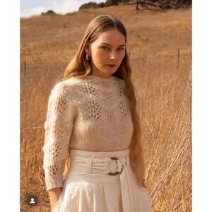 Merlette Ivory Pointelle Scalloped Chevron Knit Sweater Puff Sleeve Cream Boho